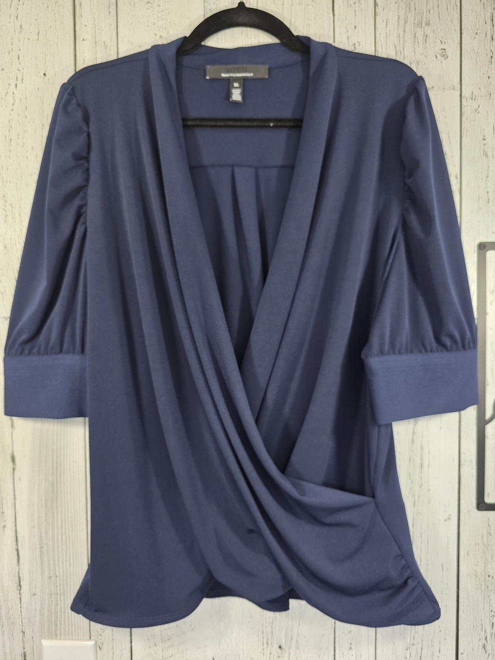 White House Black Market Navy Draped Wrap Front Blouse Size XL, Workwear, Fall